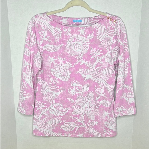 J McLaughlin Catalina Top Medium Pink Peacock Floral Nylon Spandex Stretch - Picture 1 of 5